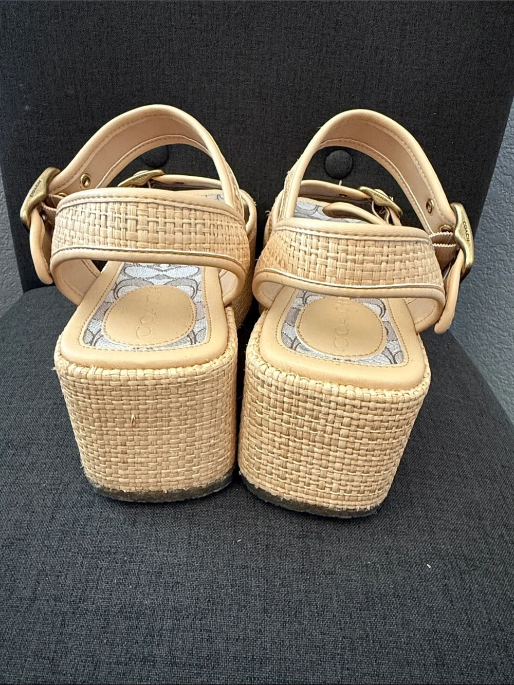 Coach Beige Woven Platform Wedge Sandals